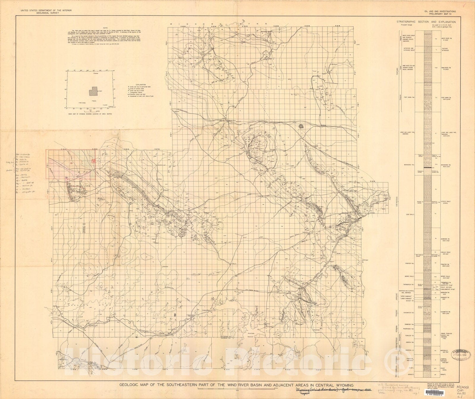 Map : Geologic map of the southeastern part of the Wind River basin and adjacent areas in central Wyoming, 1946 Cartography Wall Art :