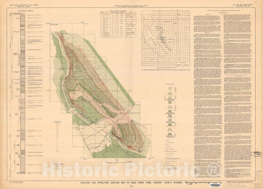 Map : Geologic and structure contour map of Sage Creek dome Fremont County, Wyoming, 1946 Cartography Wall Art :