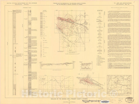 Map : Geology of the Bargee area, Fremont County, Wyoming, 1946 Cartography Wall Art :