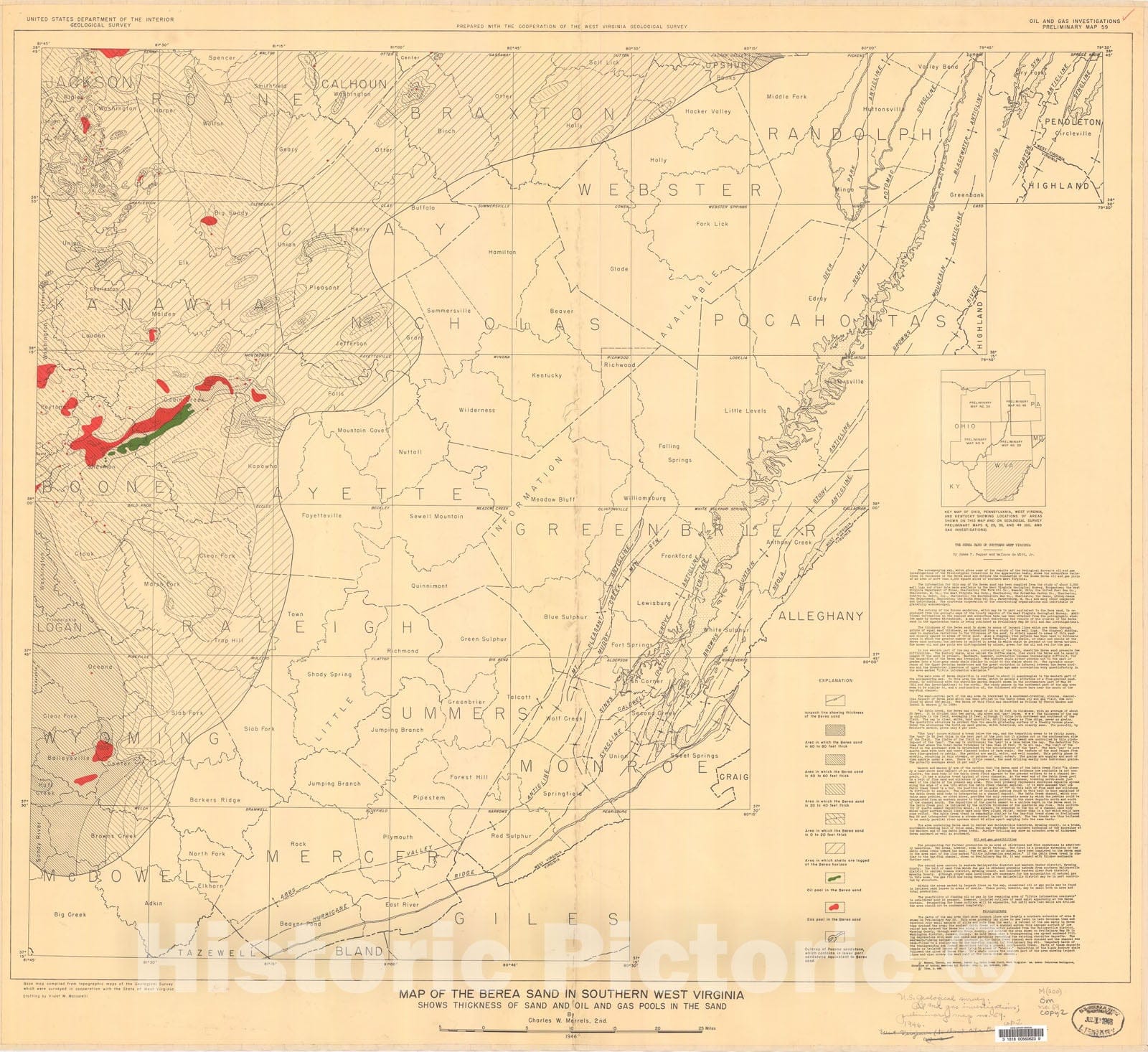 Map : Map of the Berea sand of southern West Virginia, 1946 Cartography Wall Art :