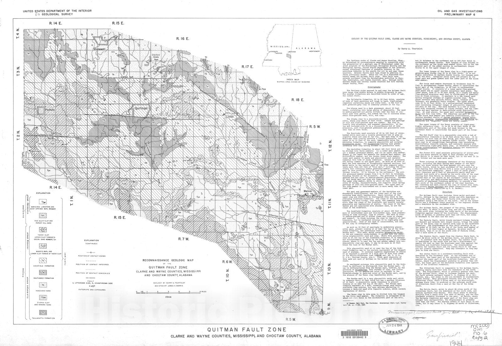 Map : Reconnaissance geologic map of the Quitman fault zone, Clarke and Wayne Counties, Mississippi, and Choctaw County, Alabama, 1944 Cartography Wall Art :