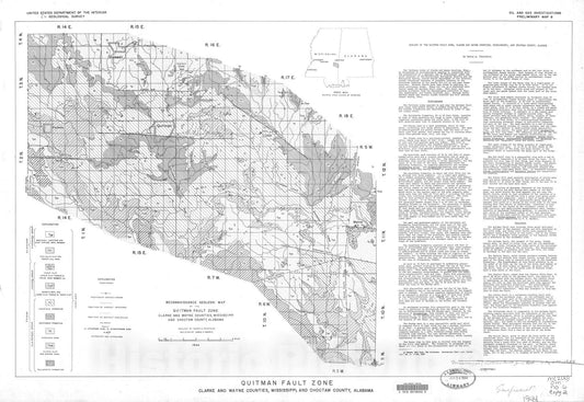 Map : Reconnaissance geologic map of the Quitman fault zone, Clarke and Wayne Counties, Mississippi, and Choctaw County, Alabama, 1944 Cartography Wall Art :