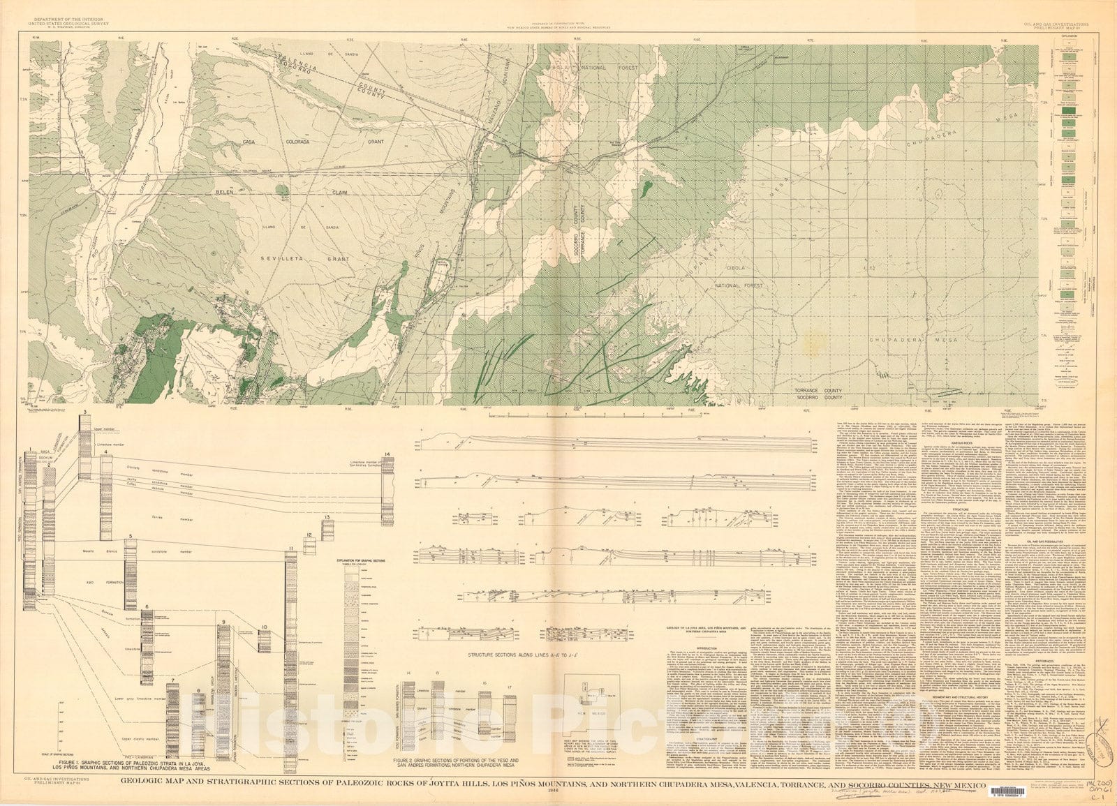 Map : Geologic map and stratigraphic sections of Paleozoic rocks of Joyita Hills, Los Pinos Mountains, and northern Chupadera Mesa, 1946 Cartography Wall Art :