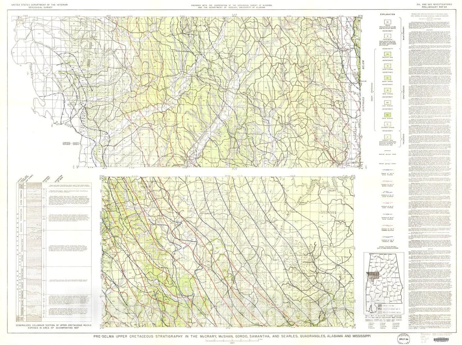 Map : Pre-Selma Upper Cretaceous stratigraphy in the McCrary, McShan, Gordo, Samantha, and Searles, quadrangles, Alabama and Mississippi, 1947 Cartography Wall Art :