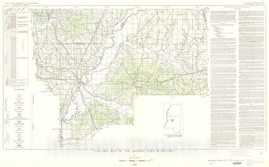 Map : Geology of the outcropping formations of the Jackson area, Mississippi, 1947 Cartography Wall Art :