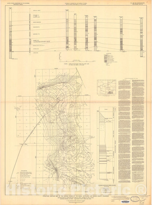 Map : Structure contour map of the surface rocks of the Model anticline, Las Animas County, Colorado, 1947 Cartography Wall Art :