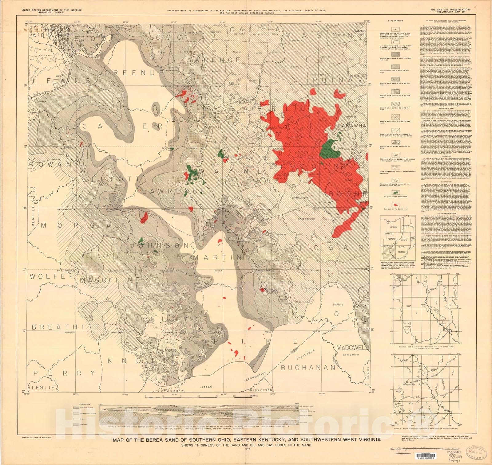 Map : Map of the Berea sand of southern Ohio, eastern Kentucky and southwestern West Virginia, 1946 Cartography Wall Art :