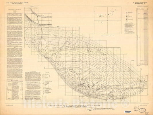 Map : Structure contour map of the exposed rocks in the Rangely anticline, Rio Blanco and Moffat Counties, Colorado, 1944 Cartography Wall Art :