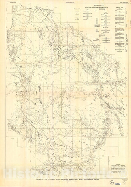Map : Geologic map of the Big Horn basin, Wyoming and Montana, showing terrace deposits and physiographic features, 1947 Cartography Wall Art :