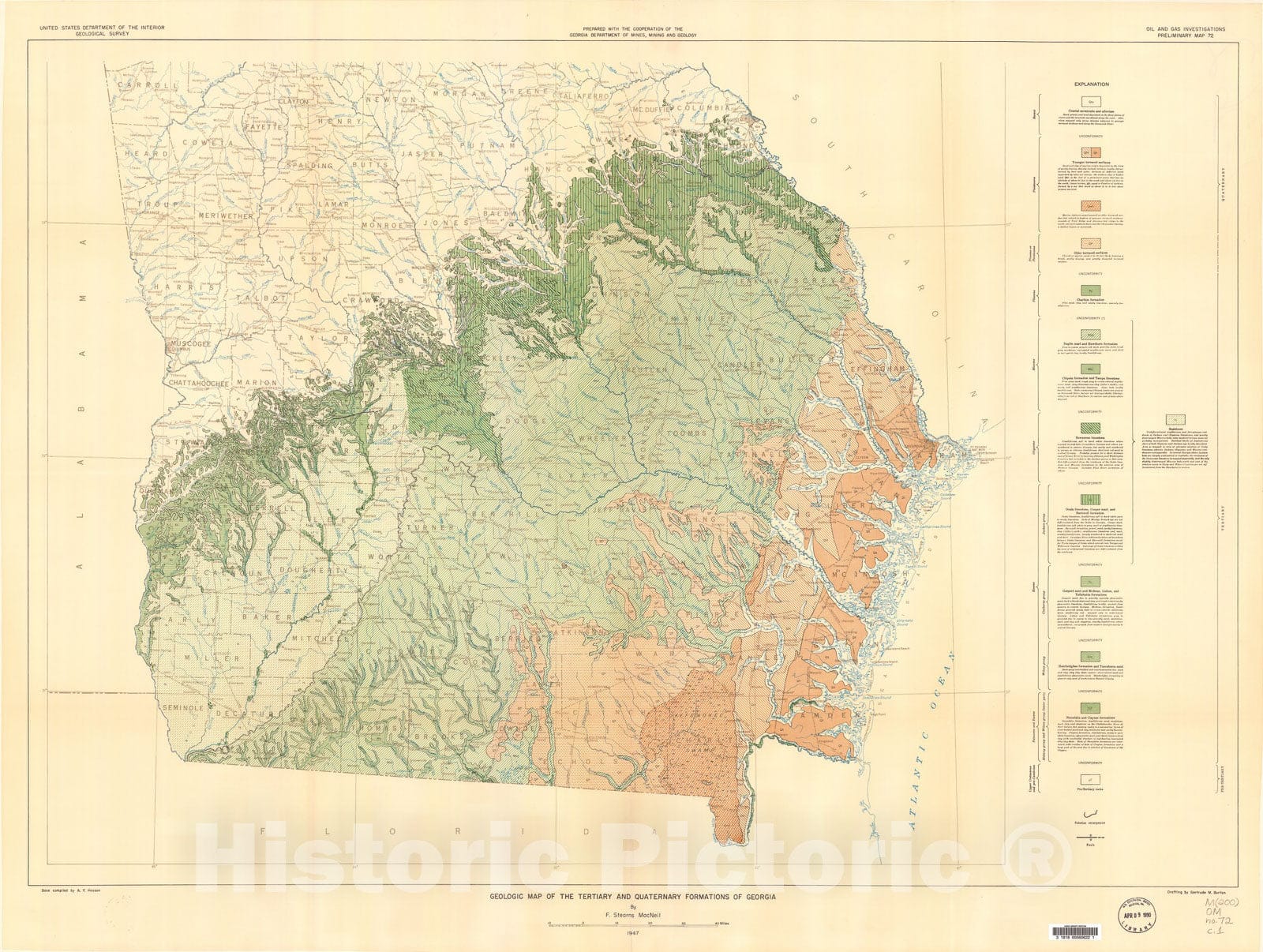 Map : Geologic map of the Tertiary and Quaternary formations of Georgia, 1947 Cartography Wall Art :