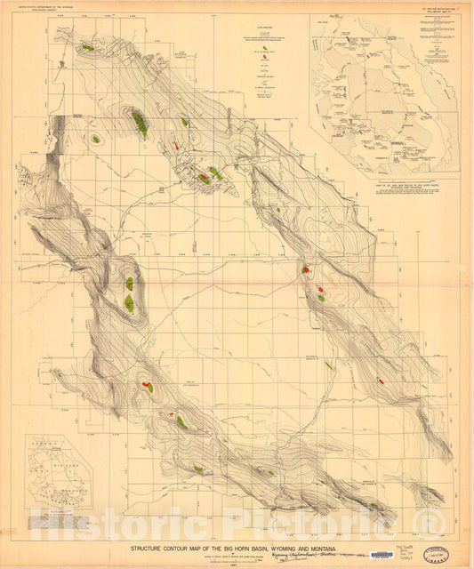 Map : Structure contour map of Big Horn Basin, Wyoming and Montana, 1947 Cartography Wall Art :