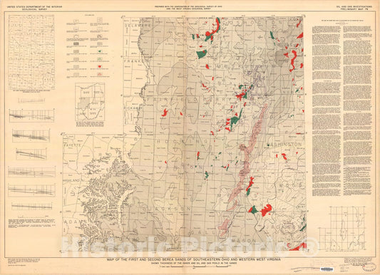Map : Map of the first and second Berea sands of southeastern Ohio and western West Virginia, 1947 Cartography Wall Art :