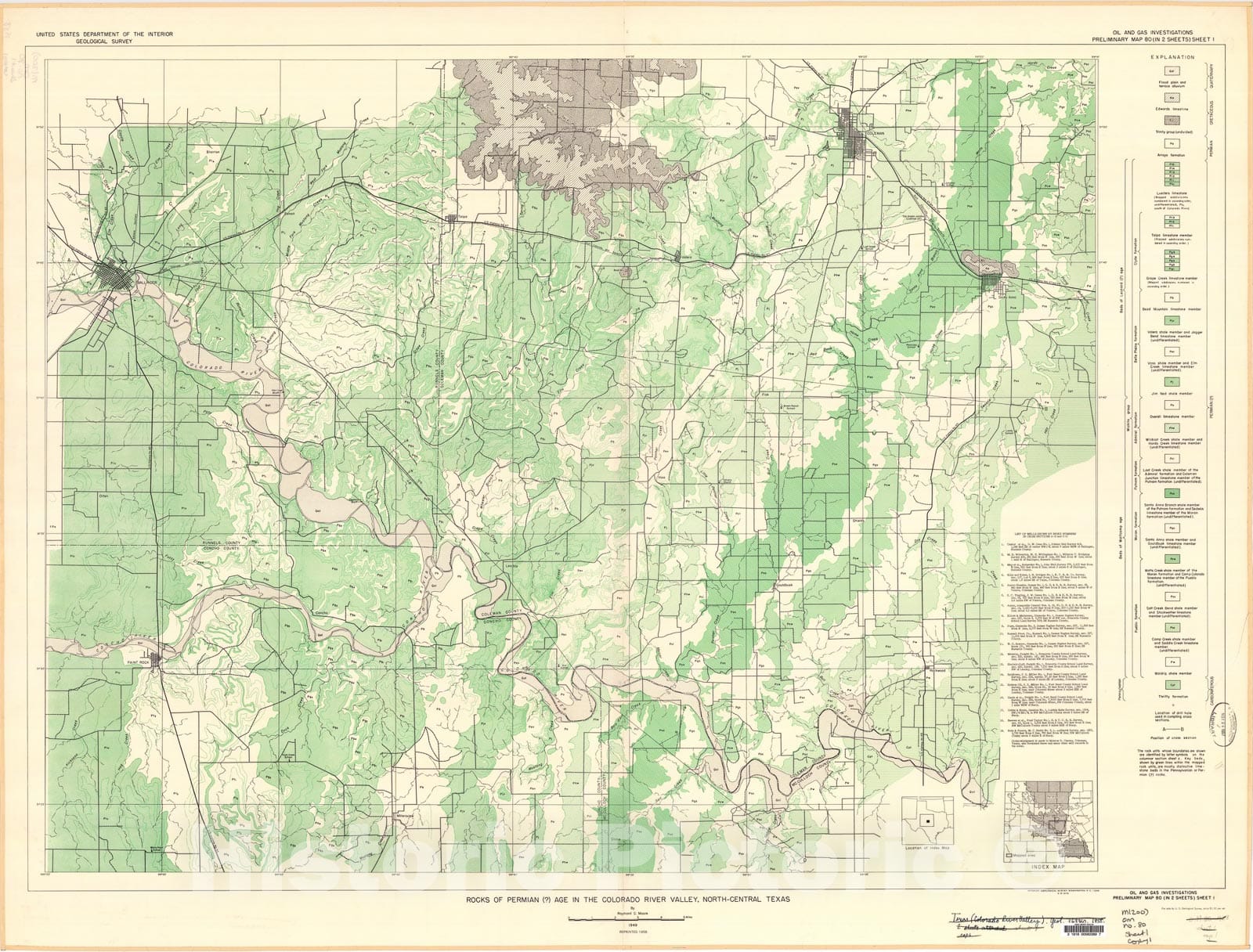 Map : Rocks of Permian (?) age in the Colorado River Valley, north central Texas, 1949 Cartography Wall Art :