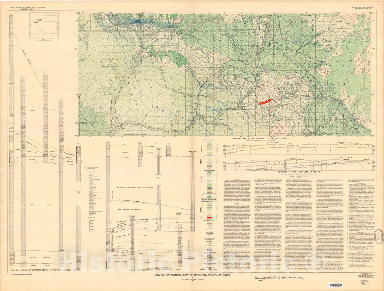 Map : Geology of the southern part of Archuleta County, Colorado, 1948 Cartography Wall Art :