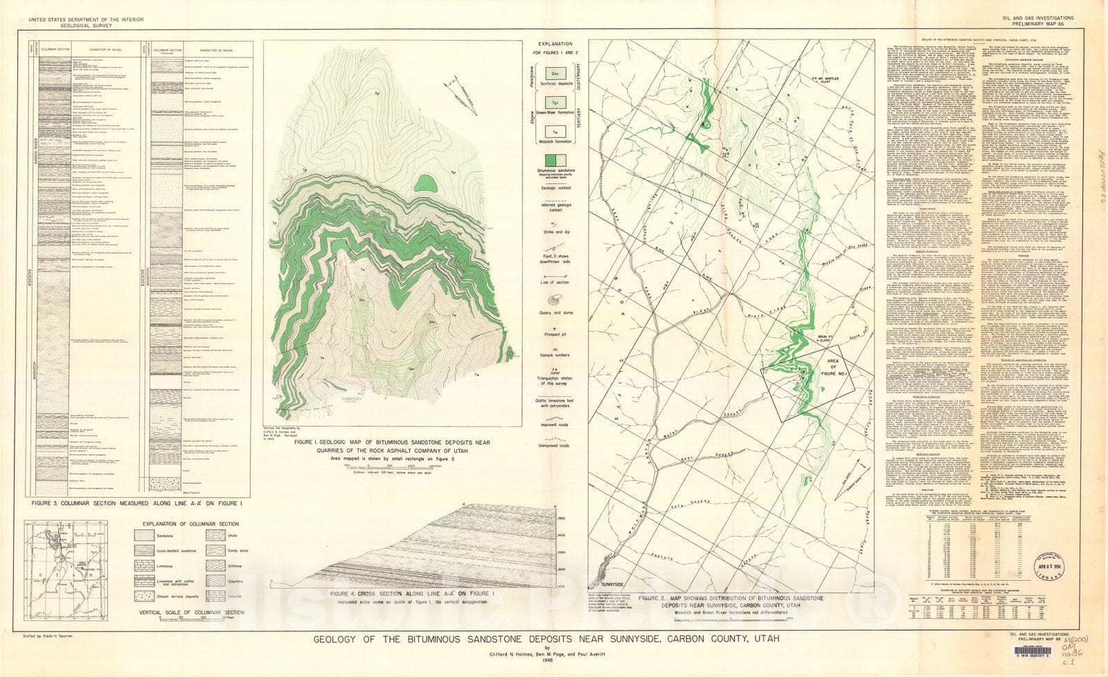 Map : Geology of the bituminous sandstone deposits near Sunnyside, Carbon County, Utah, 1948 Cartography Wall Art :