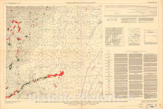 Map : Map of the Berea and Murrysville sands of southeastern Ohio, northern West Virginia, and southwestern Pennsylvania, 1948 Cartography Wall Art :