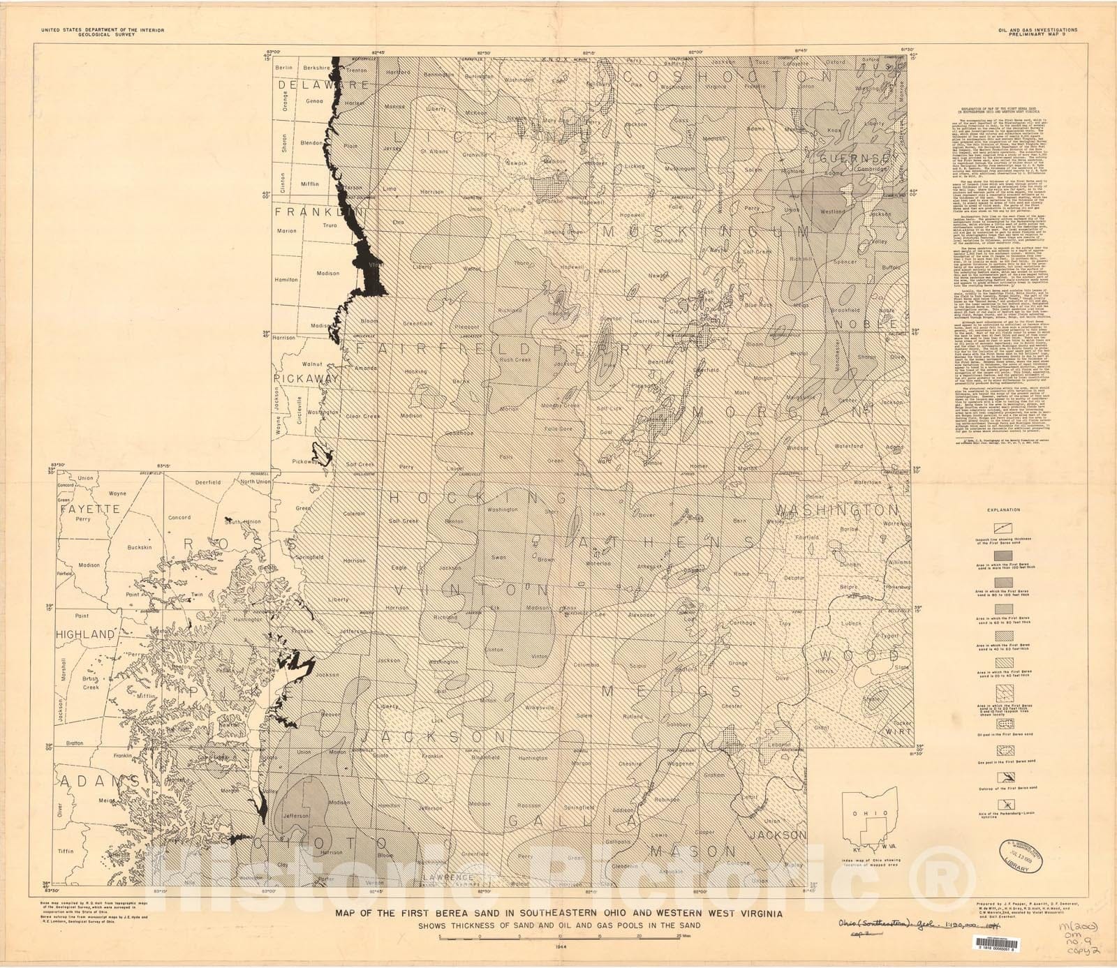 Map : Map of the first Berea sand in southeastern Ohio, and western West Virginia: shows thickness of sand and oil and gas pools in the sand, 1944 Cartography Wall Art :