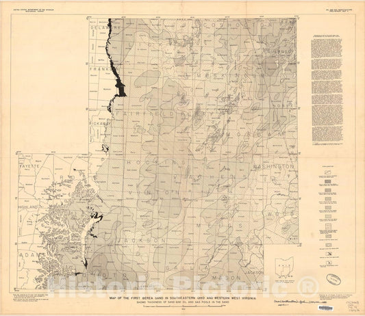 Map : Map of the first Berea sand in southeastern Ohio, and western West Virginia: shows thickness of sand and oil and gas pools in the sand, 1944 Cartography Wall Art :
