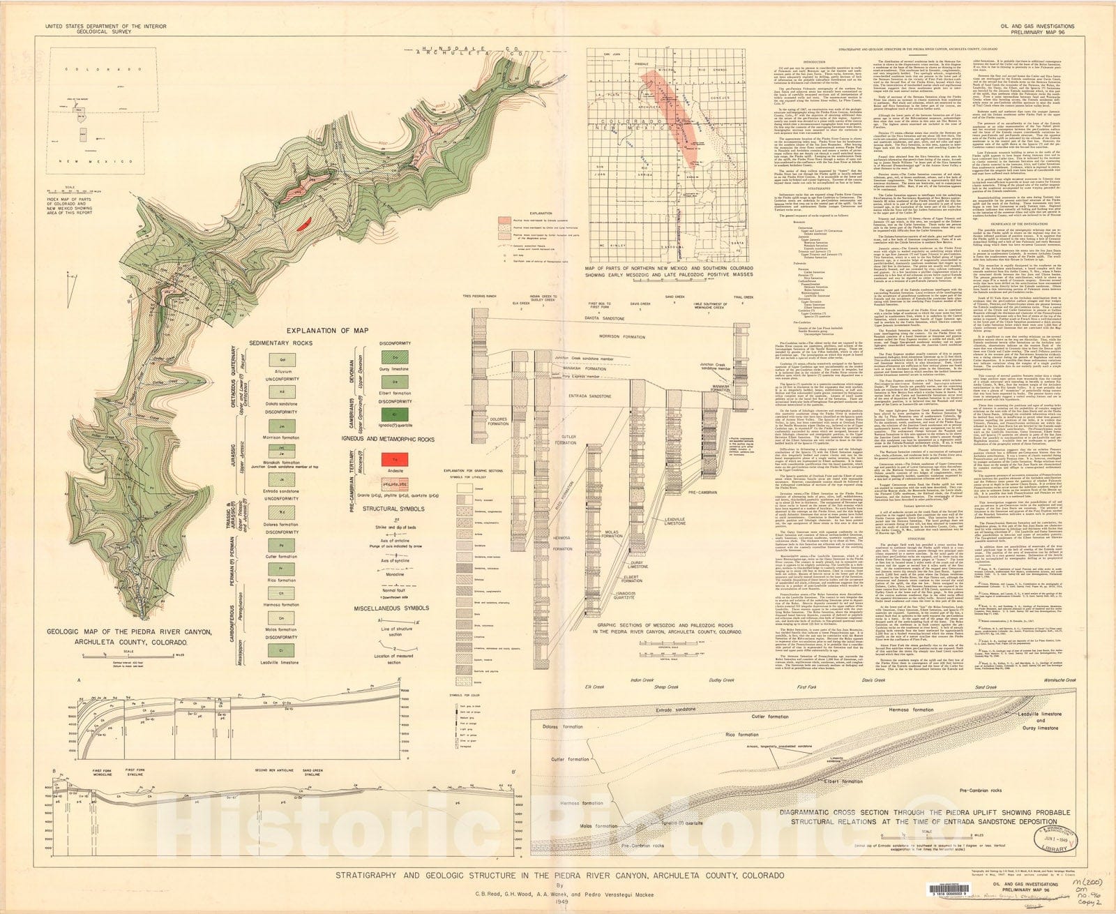 Map : Stratigraphy and geologic structure in the Piedra River canyon, Archuleta County, Colorado, 1949 Cartography Wall Art :