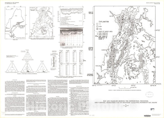 Map : Map and diagrams showing the distribution, thickness, and textural characteristics of Holocene sediments, Penobscot Bay, Maine, 1987 Cartography Wall Art :