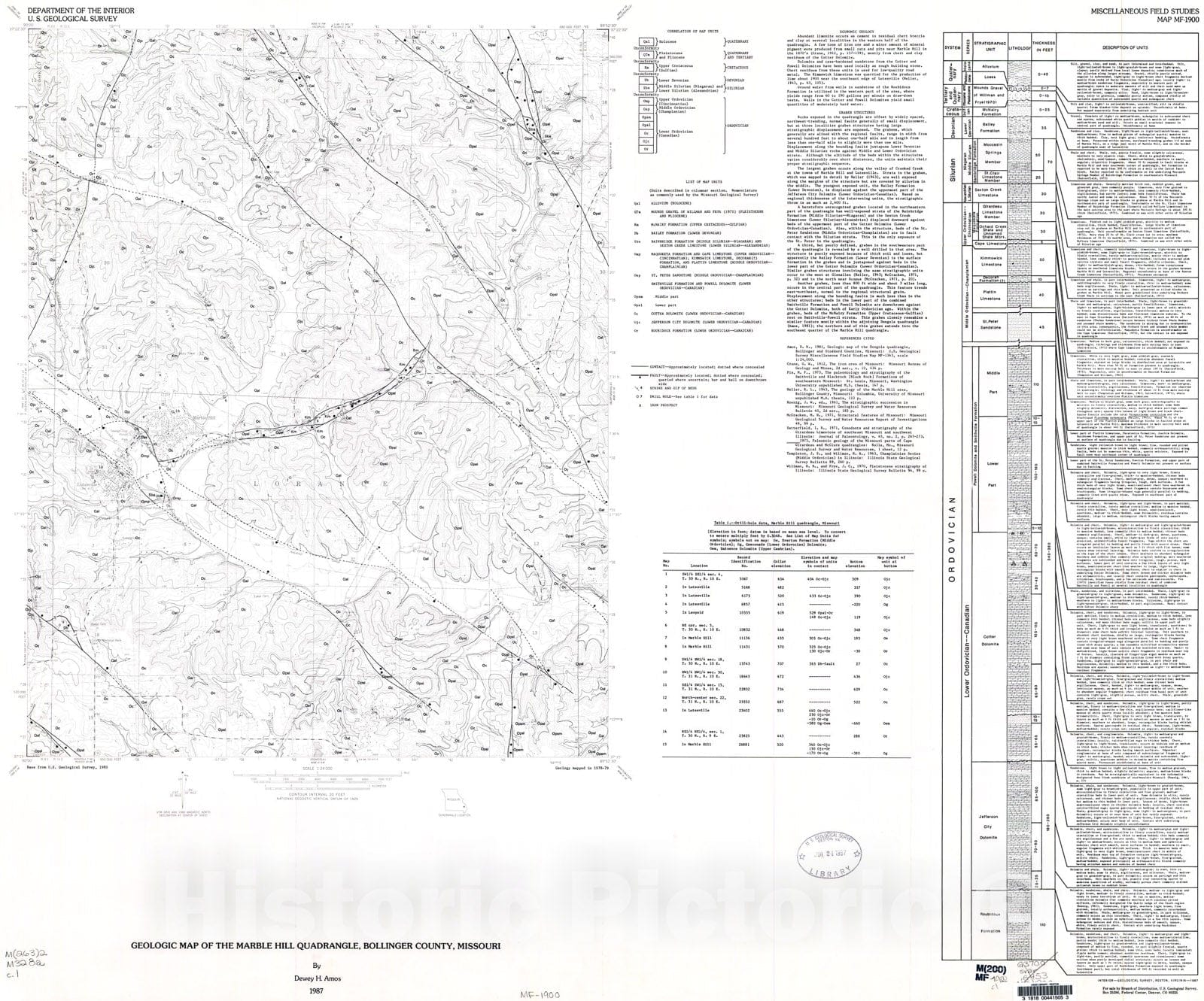 Map : Geologic map of the Marble Hill quadrangle, Bollinger County, Missouri, 1987 Cartography Wall Art :