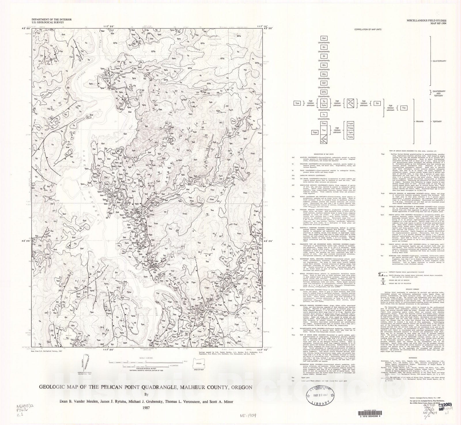 Map : Geologic map of the Pelican Point quadrangle, Malheur County, Oregon, 1987 Cartography Wall Art :