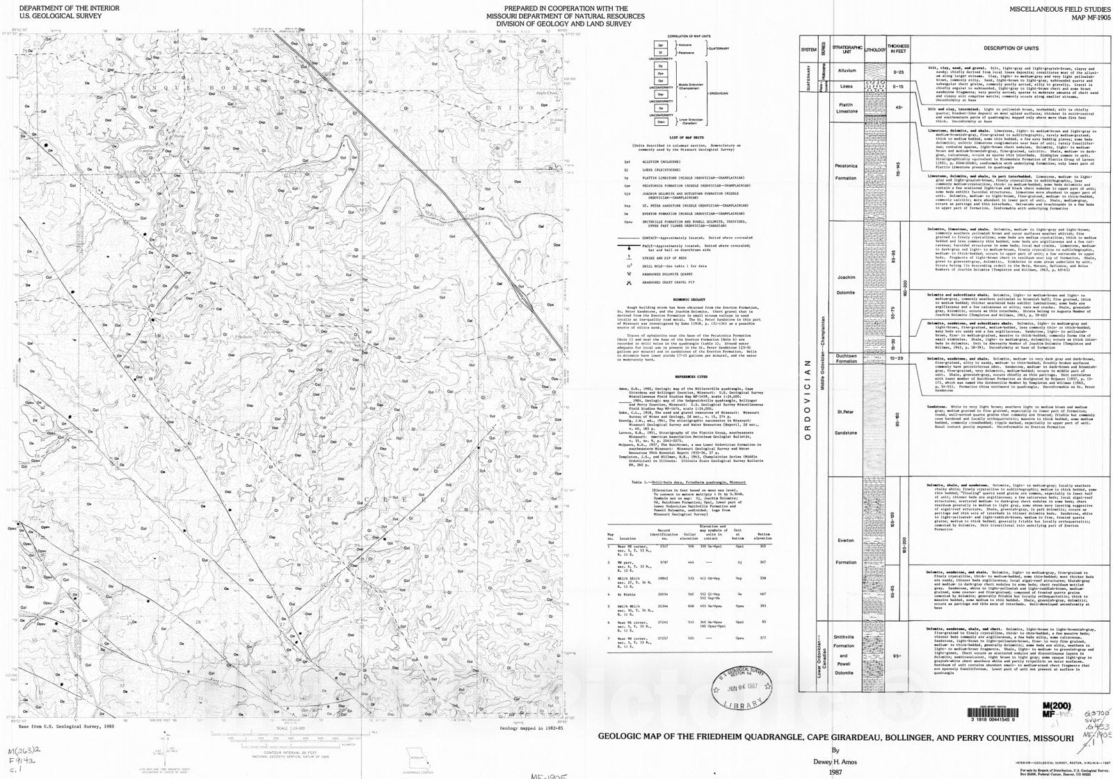 Map : Geologic map of the Friedheim quadrangle, Cape Girardeau, Bollinger, and Perry Counties, Missouri, 1987 Cartography Wall Art :