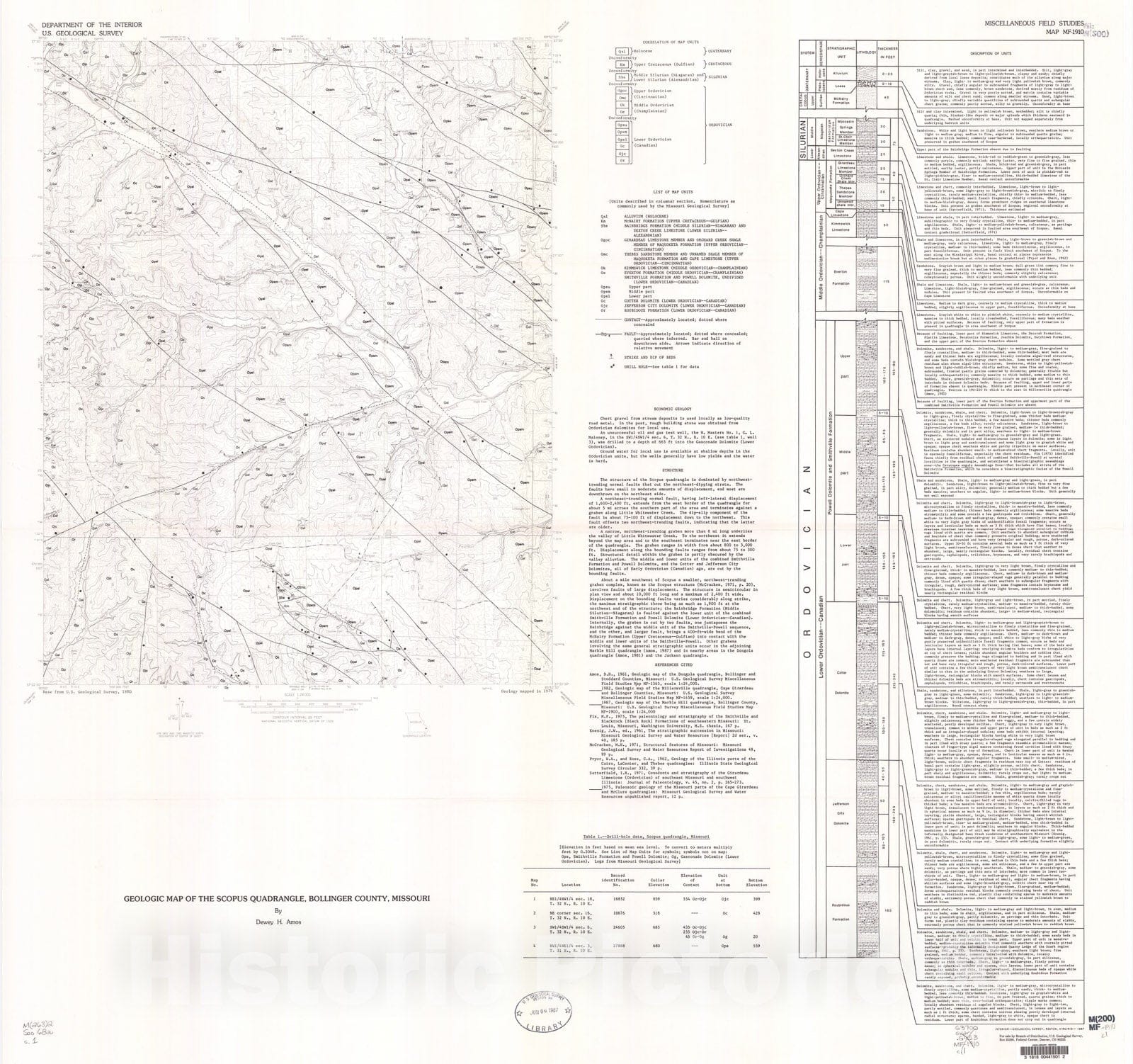 Map : Geologic map of the Scopus quadrangle, Bollinger County, Missouri, 1987 Cartography Wall Art :
