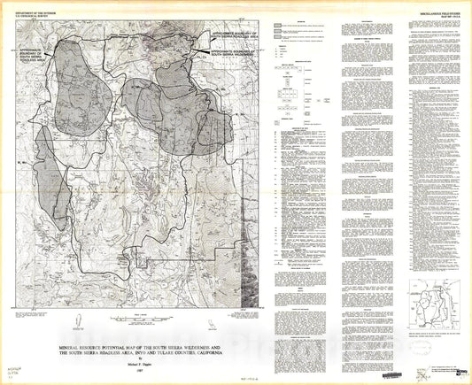 Map : Mineral resource potential map of the South Sierra Wilderness and the South Sierra Roadless Area, Inyo and Tulare Counties, California, 1987 Cartography Wall Art :