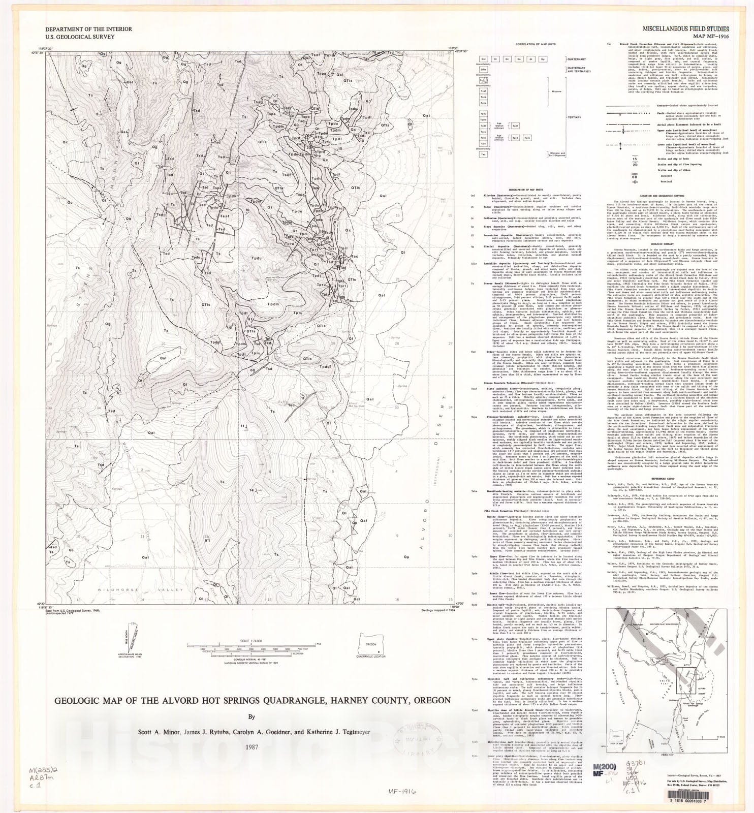 Map : Geologic map of the Alvord Hot Springs quadrangle, Harney County, Oregon, 1987 Cartography Wall Art :