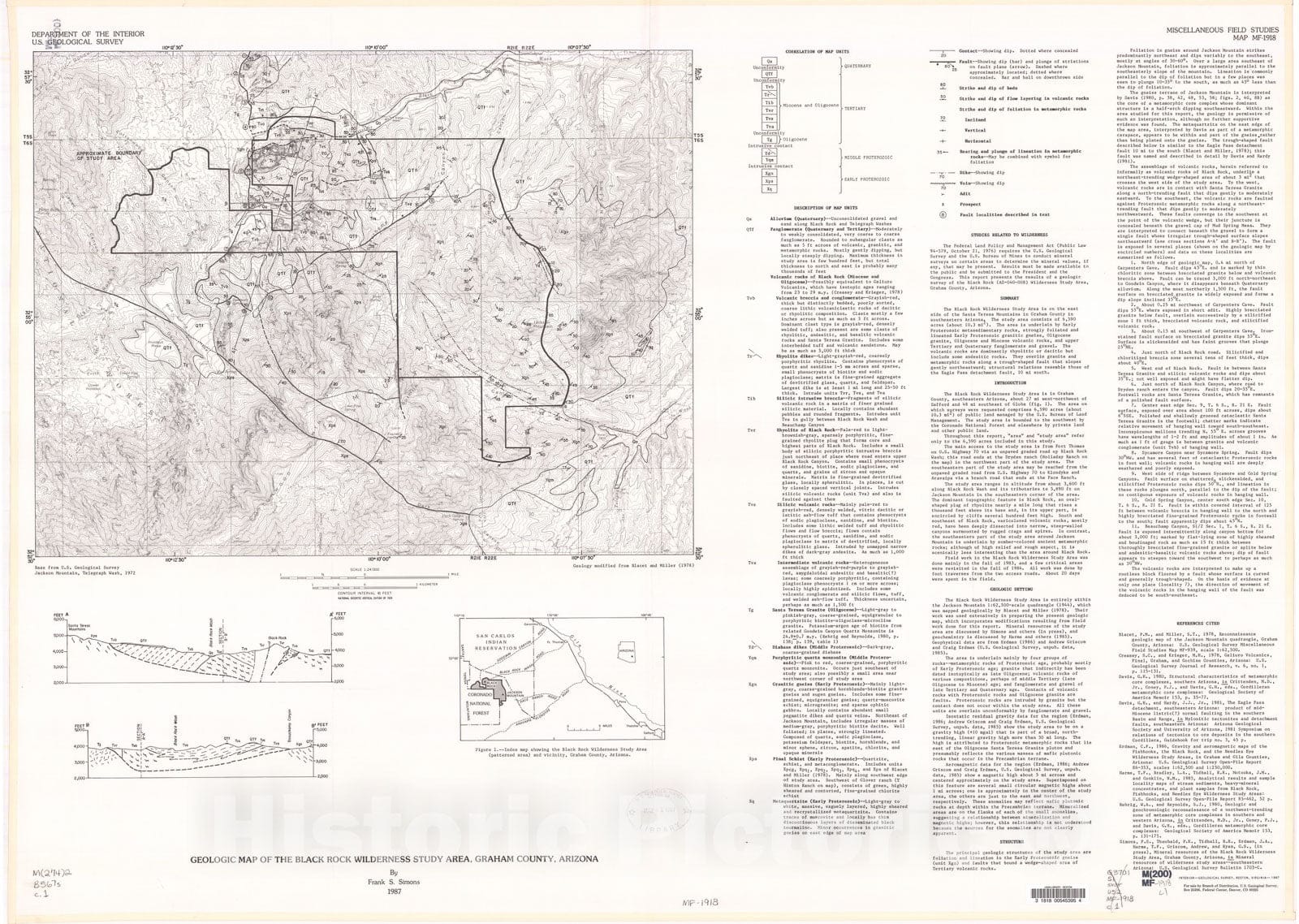 Map : Geologic map of the Black Rock Wilderness Study Area, Graham County, Arizona, 1987 Cartography Wall Art :