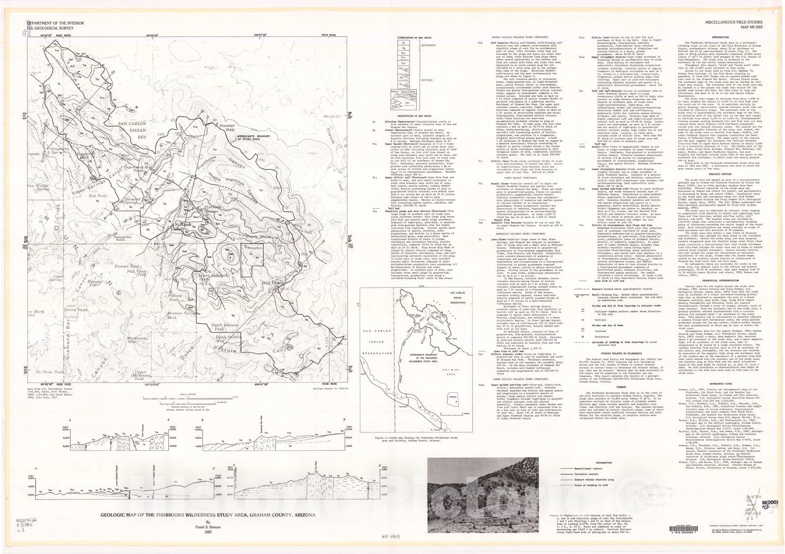 Map : Geologic map of the Fishhooks Wilderness Study Area, Graham County, Arizona, 1987 Cartography Wall Art :