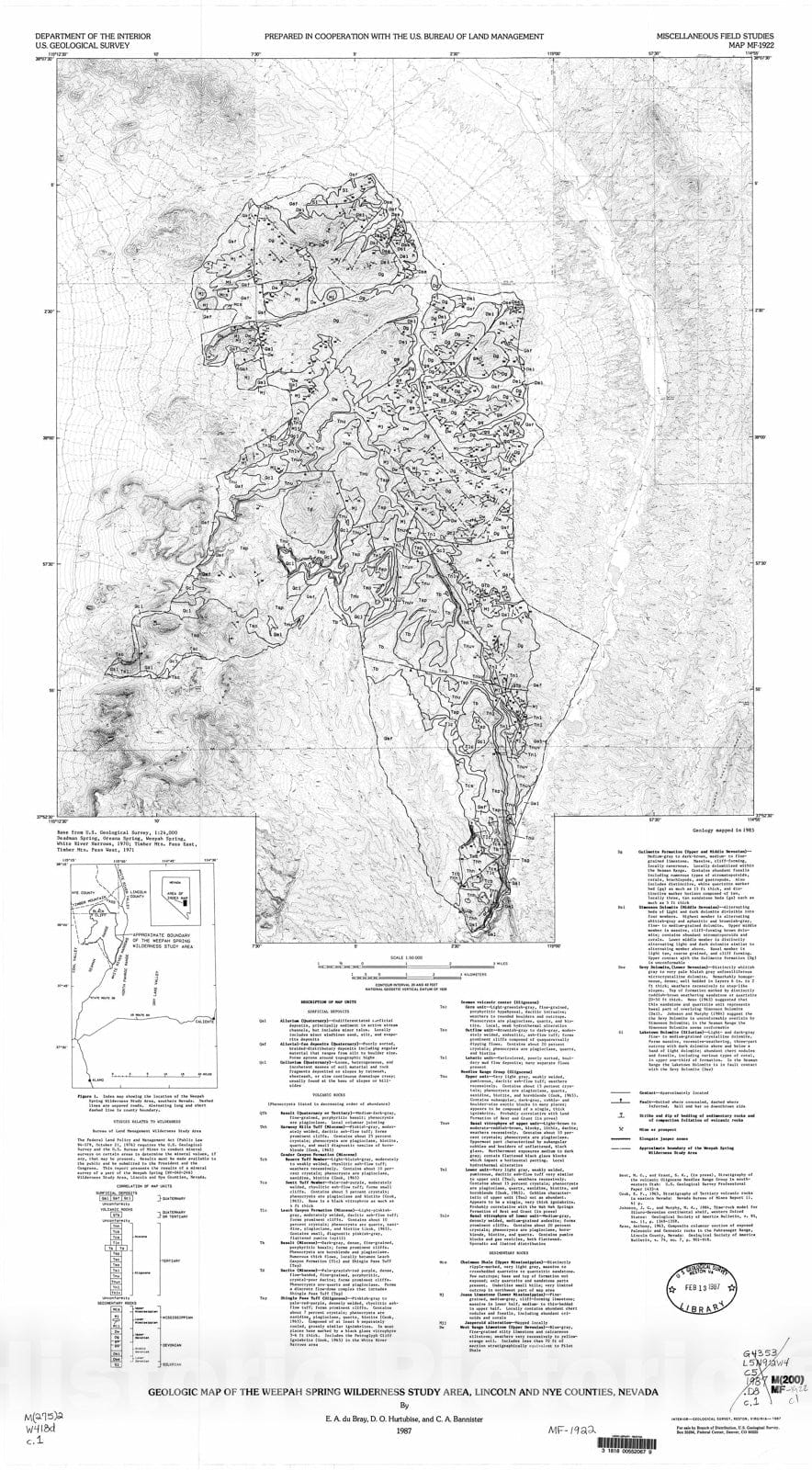 Map : Geologic map of the Weepah Spring Wilderness Study Area, Lincoln and Nye Counties, Nevada, 1987 Cartography Wall Art :
