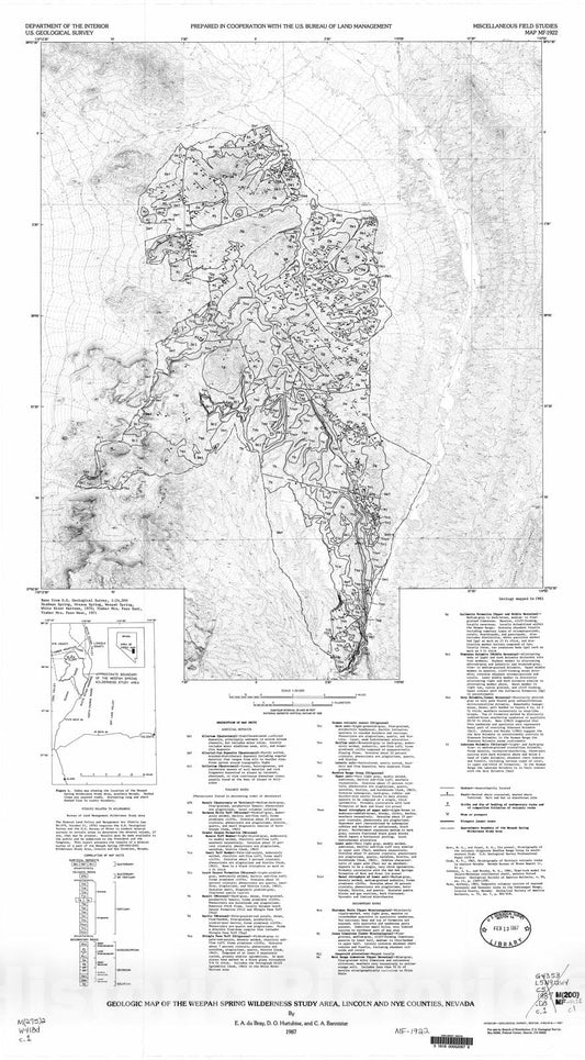 Map : Geologic map of the Weepah Spring Wilderness Study Area, Lincoln and Nye Counties, Nevada, 1987 Cartography Wall Art :