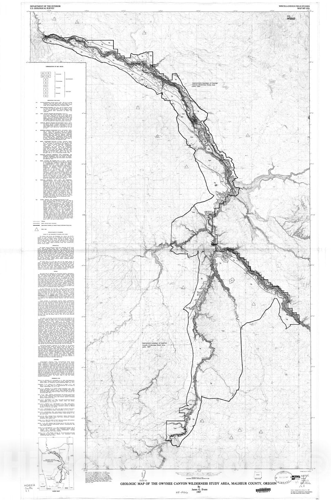 Map : Geologic map of the Owyhee Canyon Wilderness Study Area, Malheur County, Oregon, 1987 Cartography Wall Art :
