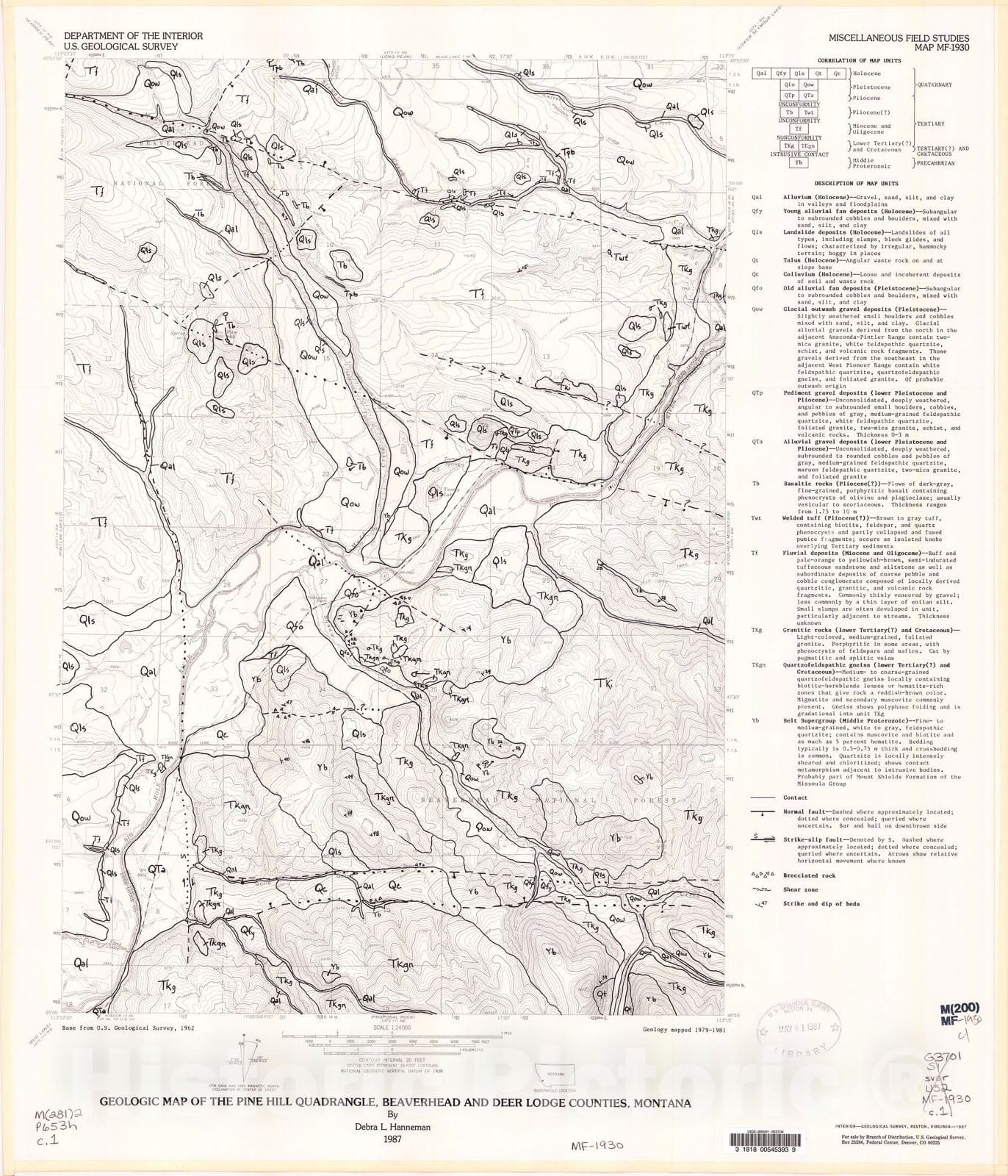 Map : Geologic map of the Pine Hill quadrangle, Beaverhead and Deer Lodge Counties, Montana, 1987 Cartography Wall Art :
