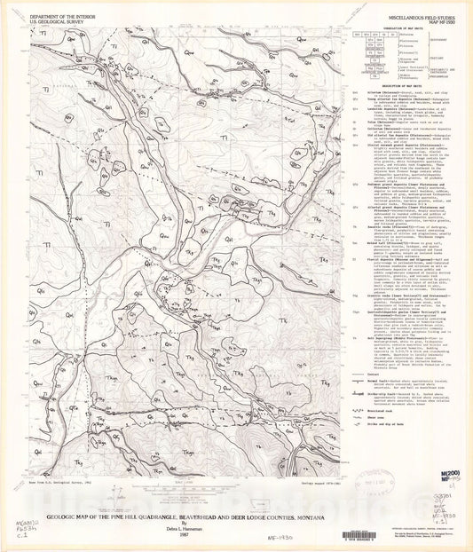 Map : Geologic map of the Pine Hill quadrangle, Beaverhead and Deer Lodge Counties, Montana, 1987 Cartography Wall Art :