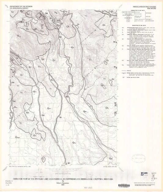 Map : Geologic map of the Pintlar Lake quadrangle, Beaverhead and Deer Lodge Counties, Montana, 1987 Cartography Wall Art :