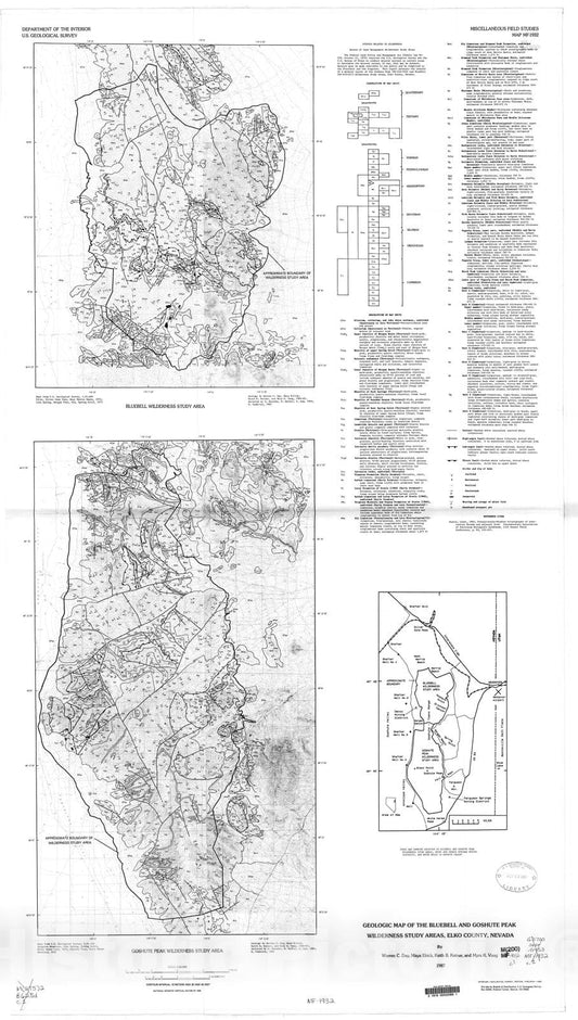 Map : Geologic map of the Bluebell and Goshute Peak Wilderness Study Areas, Elko County, Nevada, 1987 Cartography Wall Art :