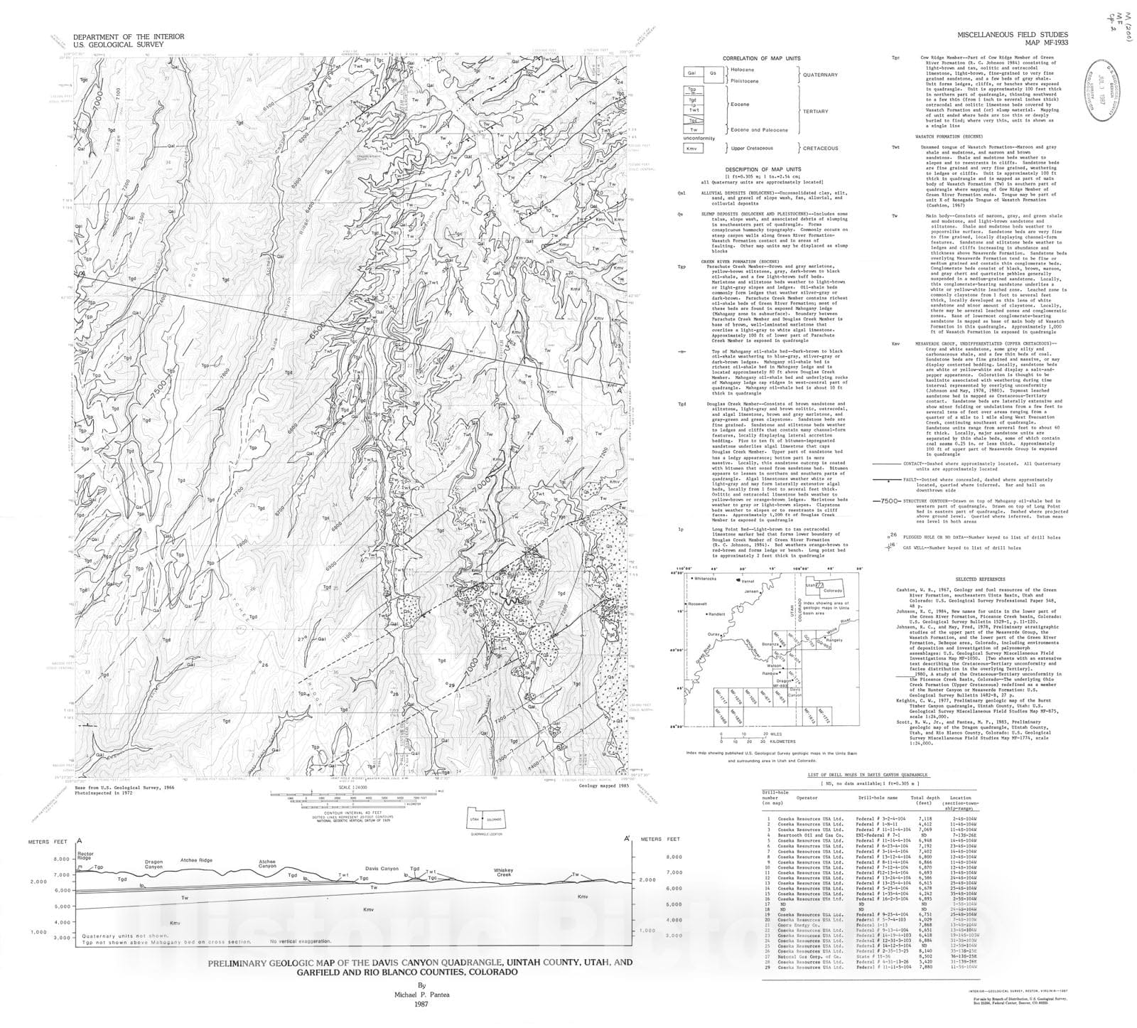 Map : Preliminary geologic map of the Davis Canyon quadrangle, Uintah County, Utah, and Garfield and Rio Blanco Counties, Colorado, 1987 Cartography Wall Art :