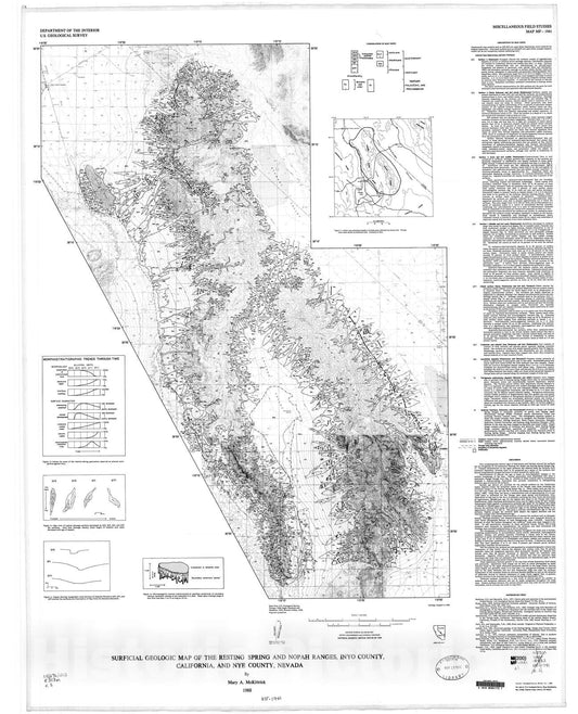 Map : Surficial geologic map of the Resting Spring and Nopah Ranges, Inyo County, California, and Nye County, Nevada, 1988 Cartography Wall Art :
