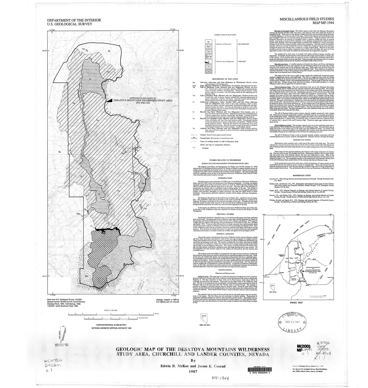 Map : Geologic map of the Destoya Mountains Wilderness Study Area, Churchill and Lander Counties, Nevada, 1987 Cartography Wall Art :