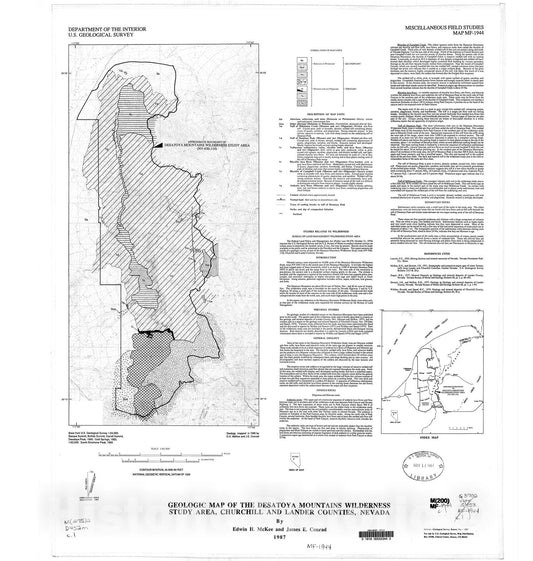 Map : Geologic map of the Destoya Mountains Wilderness Study Area, Churchill and Lander Counties, Nevada, 1987 Cartography Wall Art :