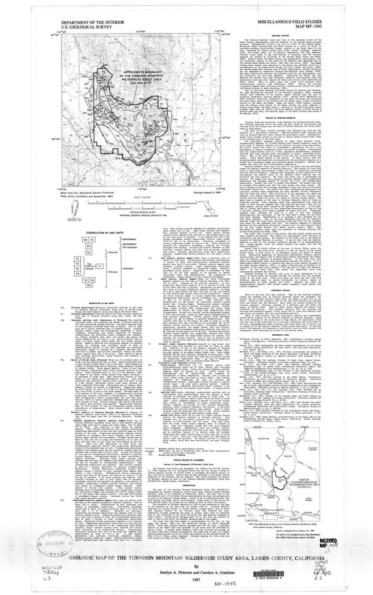 Map : Geologic map of the Tunnison Mountain Wilderness Study Area, Lassen County, California, 1987 Cartography Wall Art :