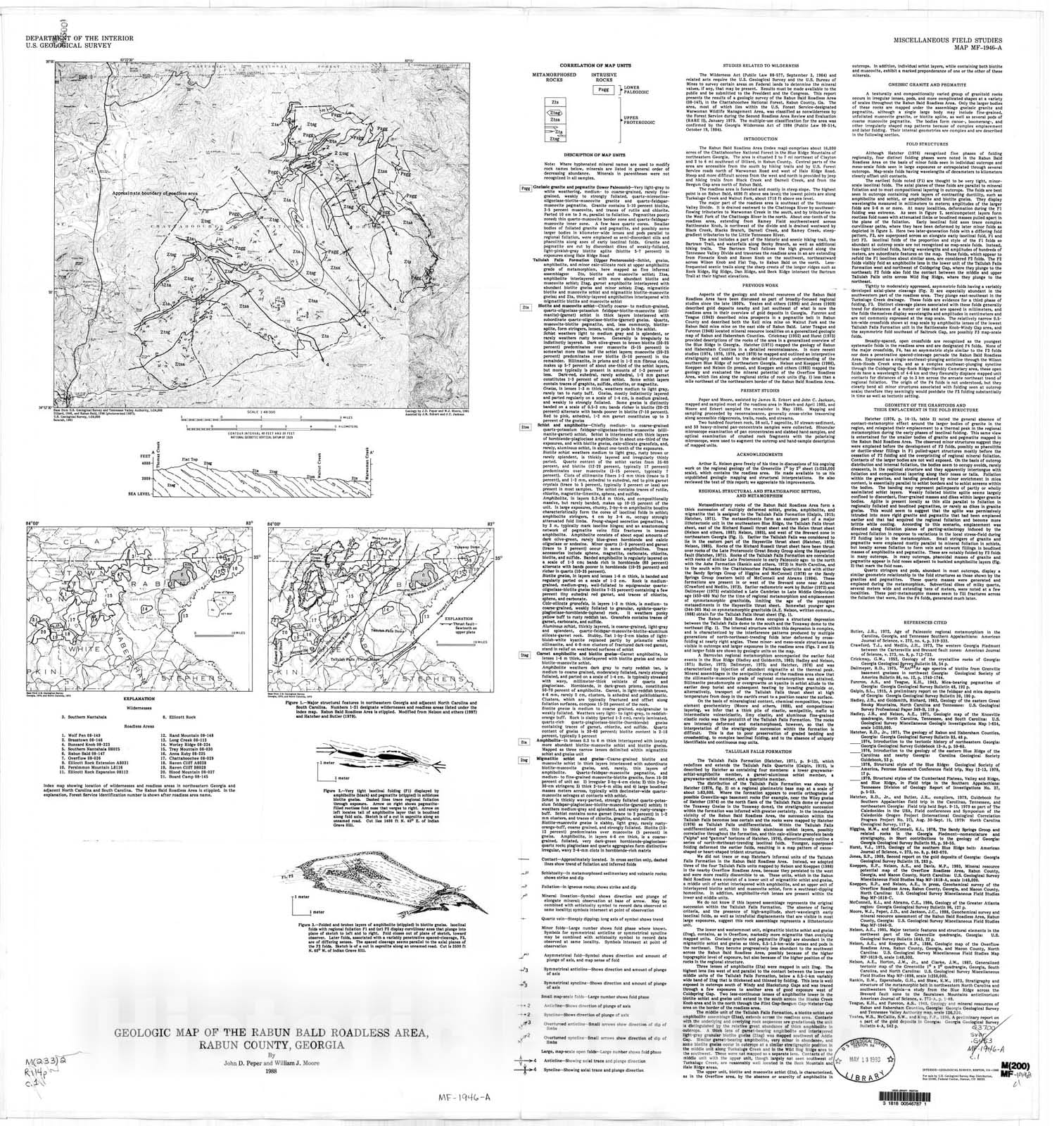 Map : Geologic map of the Rabun Bald Roadless Area, Rabun County, Georgia, 1988 Cartography Wall Art :