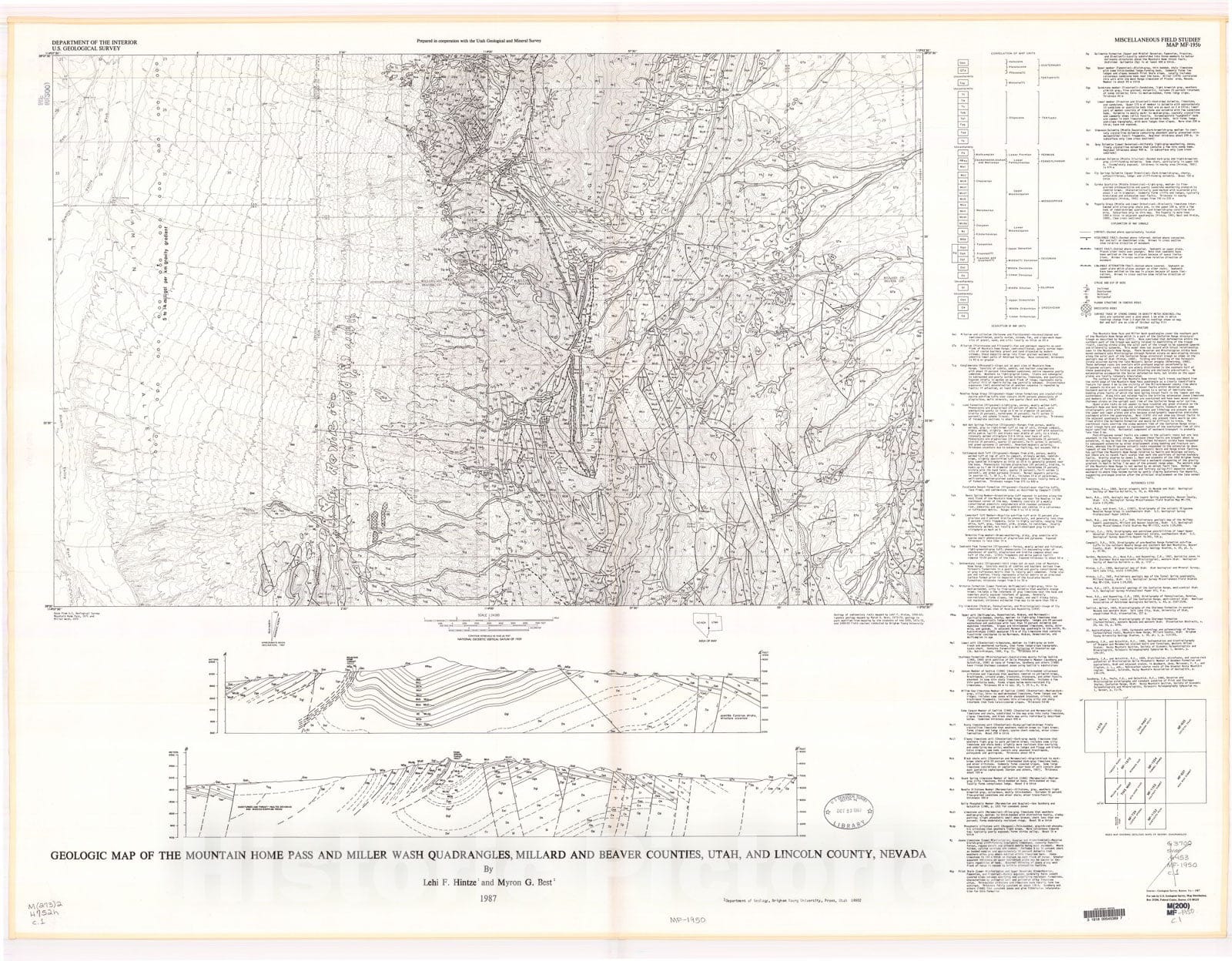 Map : Geologic map of the Mountain Home Pass and Miller Wash quadrangles, Millard and Beaver Counties, Utah, and Lincoln County, Nevada, 1987 Cartography Wall Art :