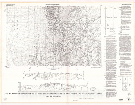 Map : Geologic map of the Mountain Home Pass and Miller Wash quadrangles, Millard and Beaver Counties, Utah, and Lincoln County, Nevada, 1987 Cartography Wall Art :