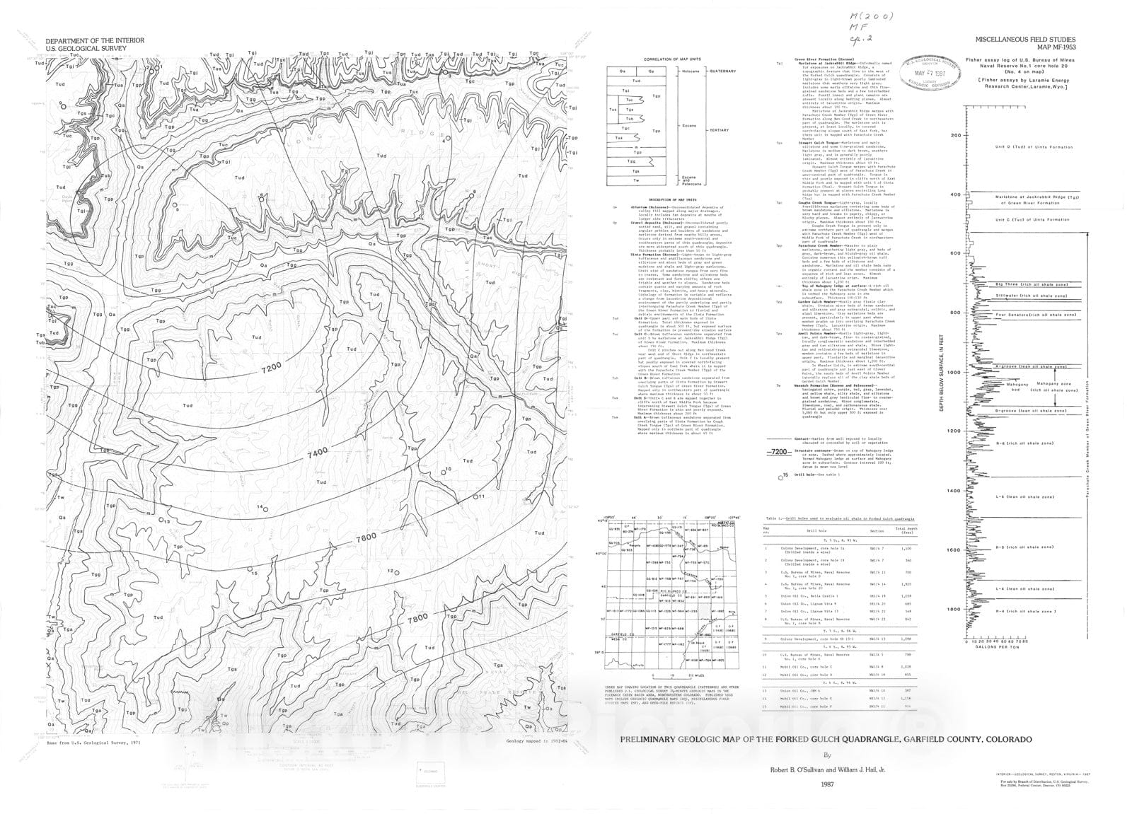 Map : Preliminary geologic map of the Forked Gulch quadrangle, Garfield County, Colorado, 1987 Cartography Wall Art :