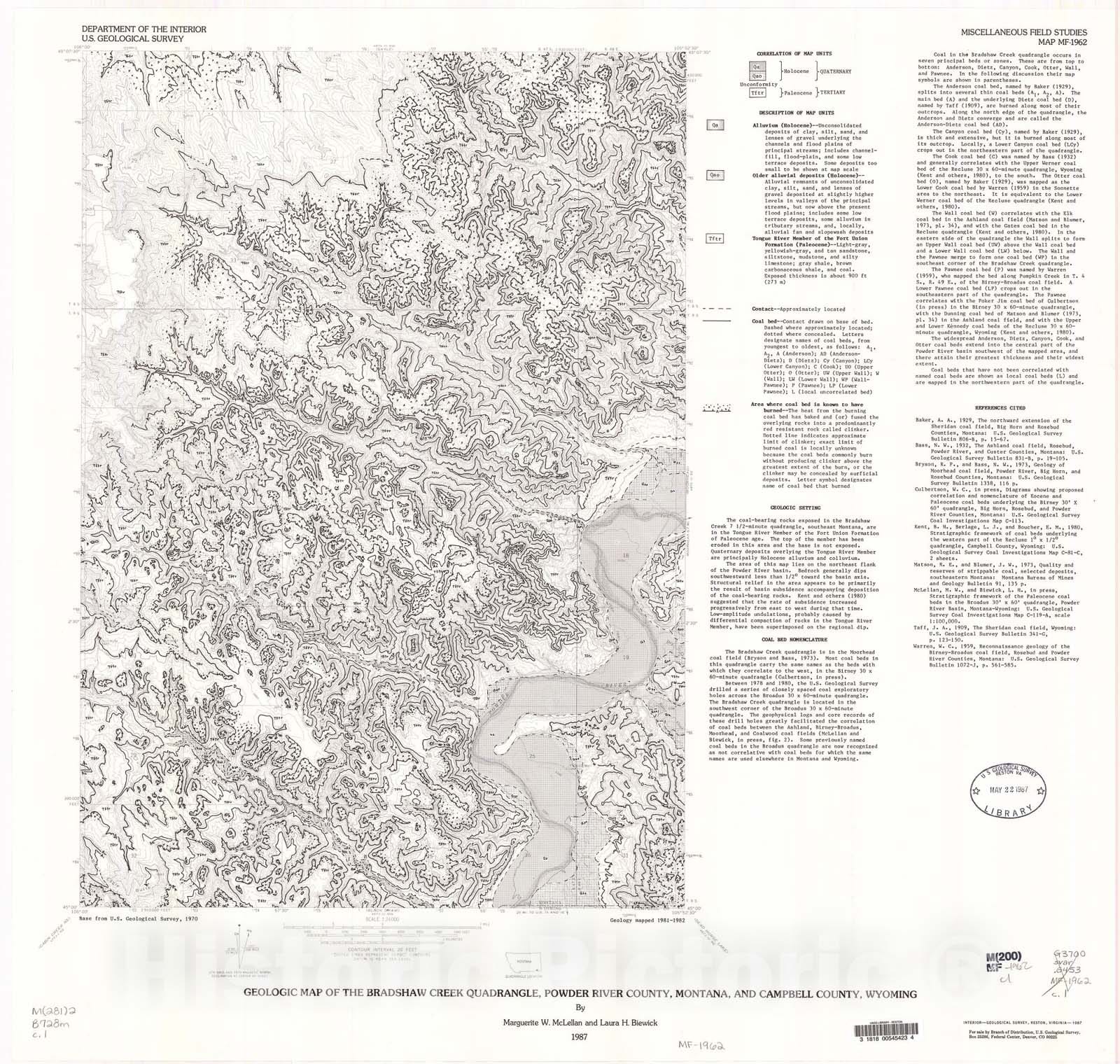 Map : Geologic map of the Bradshaw Creek quadrangle, Powder River County, Montana, and Campbell County, Wyoming, 1987 Cartography Wall Art :