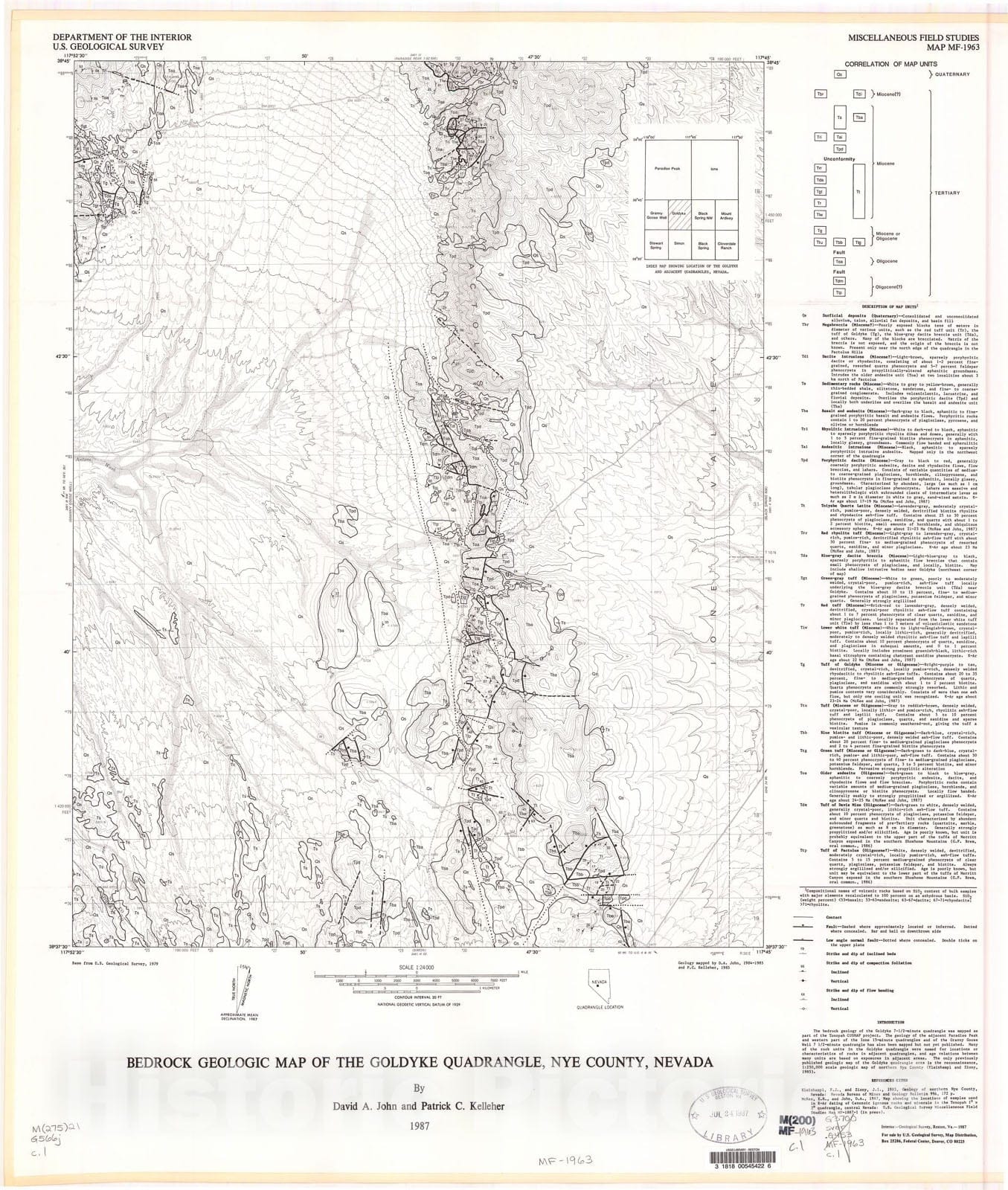 Map : Geologic map of the Goldyke quadrangle, Nye County, Nevada, 1987 Cartography Wall Art :